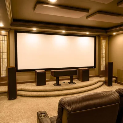 Home theater installation with surround sound speakers