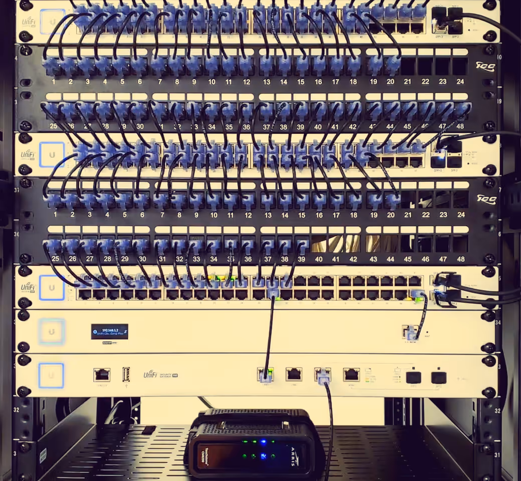 Network rack with organized patch cables and installed network equipment